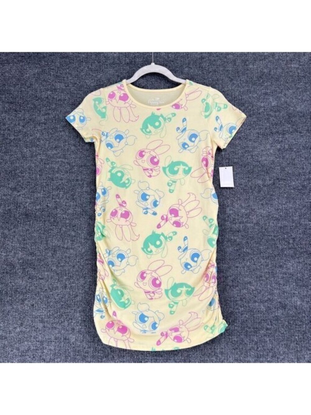Power Puff Girls Dress Size L 10-12 Yellow Fitted Bodycon All Over Print New